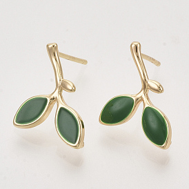 Brass Enamel Stud Earring Findings, with Loop, Branch and Leaves, Nickel Free, Real 18K Gold Plated