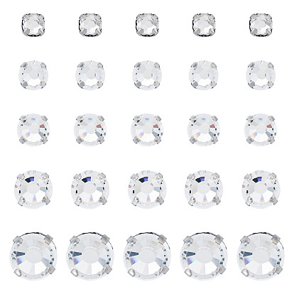 100Pcs 5 Styles Flat Round Sew on Rhinestone, Glass Rhinestone, with Brass Prong Settings, Garments Accessories, Faceted