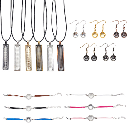 Conjuntos de joyas de bricolaje que hacen kits, incluyendo cabujones de vidrio, engastes de cabujón colgante de latón y aleación, Ganchos del pendiente de hierro, algodón encerado el collar del cordón, fabricación de pulseras de gamuza