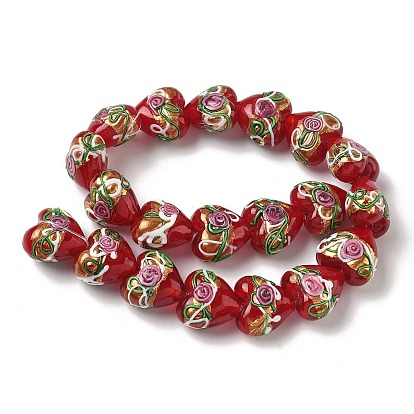 Бусины ручной работы золотой фольги стекла, бусины ручной работы, сердце с розовым цветком, с эмалью