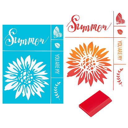 1 Sheet Sunflower Pattern Self-Adhesive Silk Screen Printing Stencil, and 1Pcs TPU Scraper
