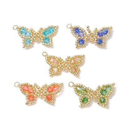 5Pcs 5 Color Glass Seed Beaded Pendants, with Golden Plated 304 Stainless Steel Jump Rings, Butterfly Charms