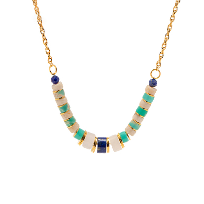 Natural Lapis Lazuli Beaded Pendant Necklace, with Golden Titanium Steel Chains
