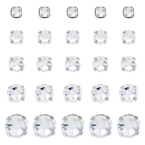 100Pcs 5 Styles Flat Round Sew on Rhinestone, Glass Rhinestone, with Brass Prong Settings, Garments Accessories, Faceted