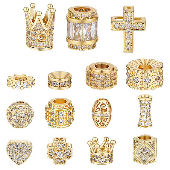 15 шт 15 стили латунные бусины из кубического циркония микропаве, разнообразные