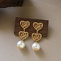 Brass & Plastic Pearl Stud Dangle Earrings, Heart