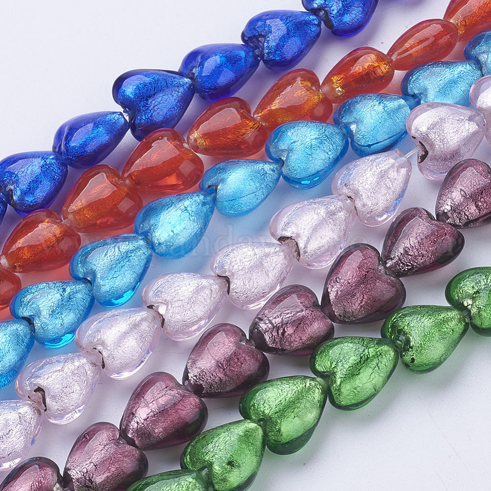 China Factory Handmade Silver Foil Glass Lampwork Beads Strands, Heart
