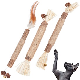 Gorgecraft 3 Pcs 3 Styles Wood Chew Sticks Cat Teeth Cleaning Chew Toy, with Fearther and Iron Bell