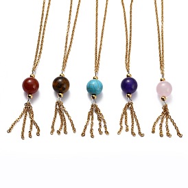 304 Stainless Steel Pendant Necklaces, with Cable Chain and Natural & Synthetic Gemstone Round Beads
