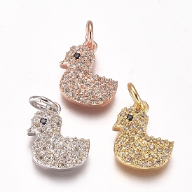 Brass Micro Pave Cubic Zirconia Charms, with Jump Rings, Duck
