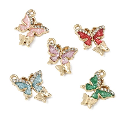 Glitter Alloy Enamel & Crystal Rhinestone Pendants, Butterfly Charms, Golden