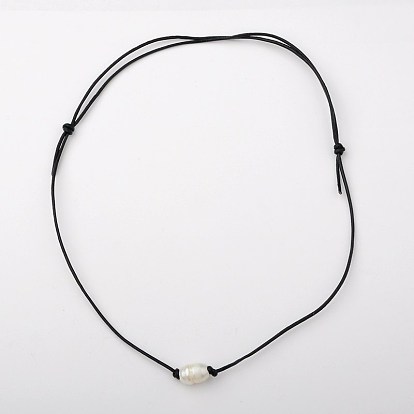 Freshwater Pearl Beaded Necklaces, with Cowhide Leather Cord, 26 inch
