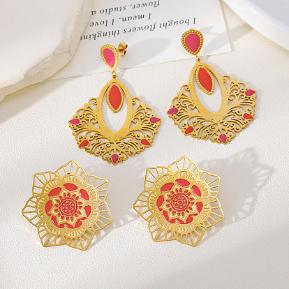 304 Stainless Steel Enamel Stud Earrings, Golden