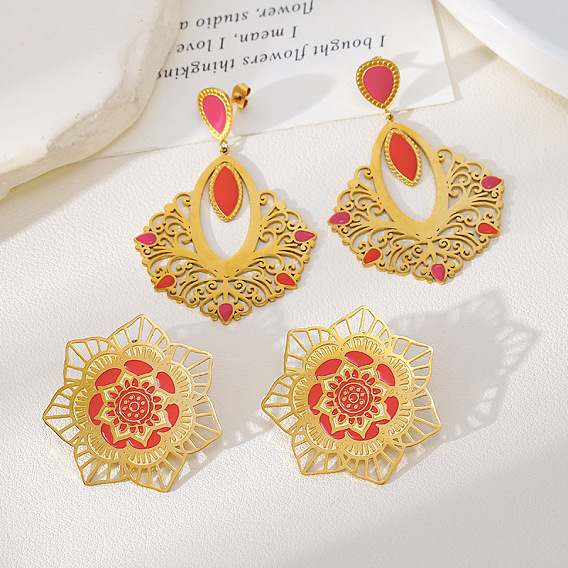 304 Stainless Steel Enamel Stud Earrings, Golden