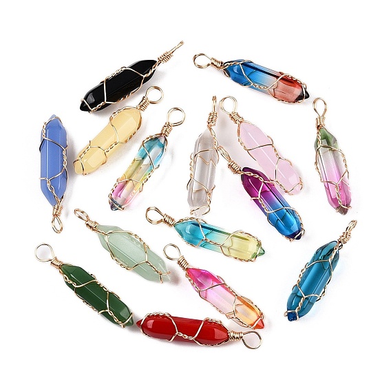 Подвески lampwork, формы пуль, обмотанных медной проволокой, граненые, золотые