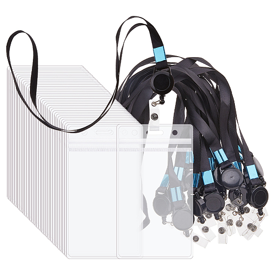 60шт. прямоугольные ПВХ держатели для визитных карточек, с 60шт. катушкой для бейджа из АБС-пластика с полиэстерными шнурками