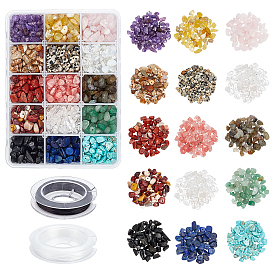 Nbeads DIY Stretch Bracelets Making Kits, Including 15 Colors Natural & Synthetic Gemstone Chip Beads and Flat Elastic Crystal String