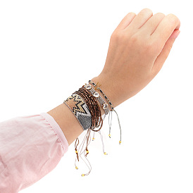 Boho Multi-layer Beaded Miyuki Bracelet Set with Geometric Design and Rhinestone Embellishments