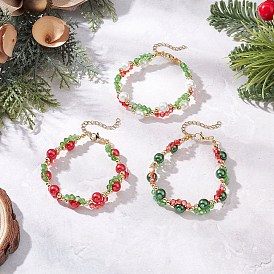 3Pcs 3 Colors Christmas Glass & Baking Paint Pearlized Glass Pearl Round Beaded Bracelets for Women