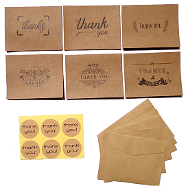 6Pcs Rectangle Kraft Paper Thank You Greeting Cards, with Envelopes and Round Dot Stickers