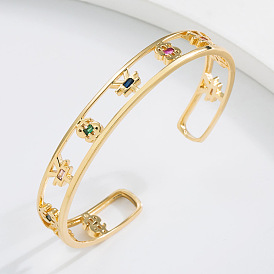 18K Gold Plated Hollowed-out Open Cuff Bracelet with Zircon Stones for Women