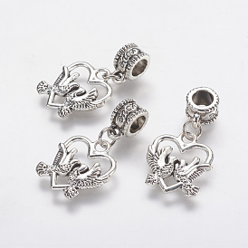 Европейские подвески из сплава в тибетском стиле, Подвески с большими отверстиями, пустое сердце с птицей