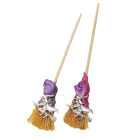 6Pcs Halloween Rough Raw Natural Amethyst Witch Altar Broom, Mini Wicca Broomstick, for Magic Ceremonial