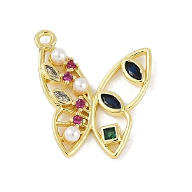 Brass Micro Pave Cubic Zirconia Pendants, with Glass and Imitation Pearl, Butterfly