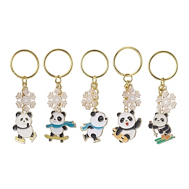 Snowflake & Panda Alloy Enamel Pendant Keychains, with Iron Split Key Rings
