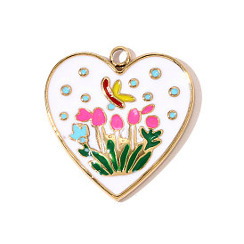 304 нержавеющей стальной эмали подвески, сердце с цветочным шармом, ионное покрытие (ip), реальный 18 k позолоченный