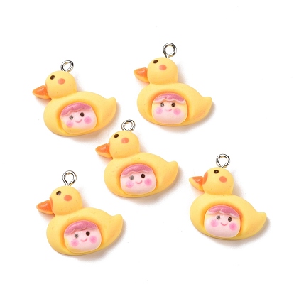 Opaque Resin Pendants, with Platinum Tone Iron Loops, Duck with Smilling Face