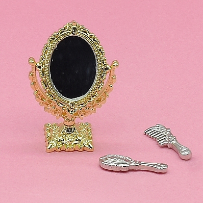 Espejos de maquillaje de aleación en relieve retro en miniatura, para decoración de mesa de casa de muñecas, corazón/ovalado/redondo