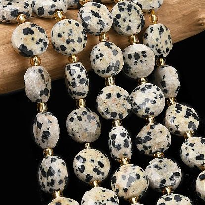 Природные яшмы далматин бисер нитей, граненый шестиугольный разрез, плоско-круглые, с бисером