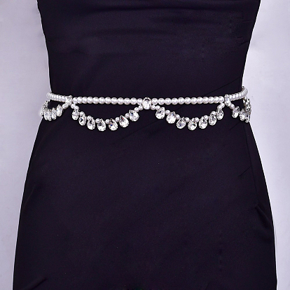 Двухслойные цепочки для талии и живота из сплава со стразами в форме капли и пластиковыми бусинами-имитаторами, платина