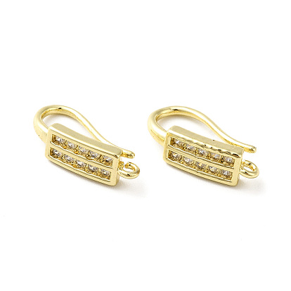 Brass Micro Pave Clear Cubic Zirconia Earring Hooks, Ear Wire, with Horizontal Loops, Rectangle