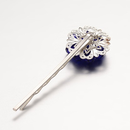 Brass Electroplate Glass Bead Flower Hair Bobby Pins, with Iron Findings, Silver Color Plated, 63mm
