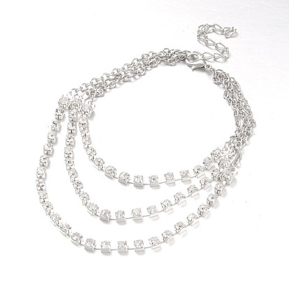 Латунь горный хрусталь трехуровневую браслеты, с цинкового сплава омаров коготь застежками и железными цепями, 225x4 мм