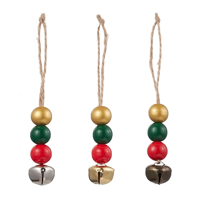 3Pcs Iron Bell Pendant Decorations, Wood Beads and Jute Cords for Home Door Hanging Ornaments