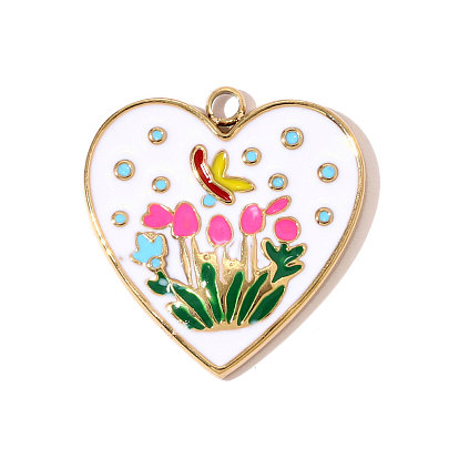 304 нержавеющей стальной эмали подвески, сердце с цветочным шармом, ионное покрытие (ip), реальный 18 k позолоченный