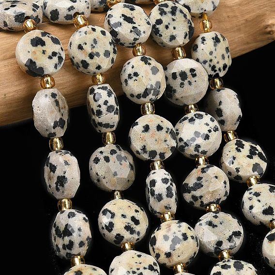 Природные яшмы далматин бисер нитей, граненый шестиугольный разрез, плоско-круглые, с бисером