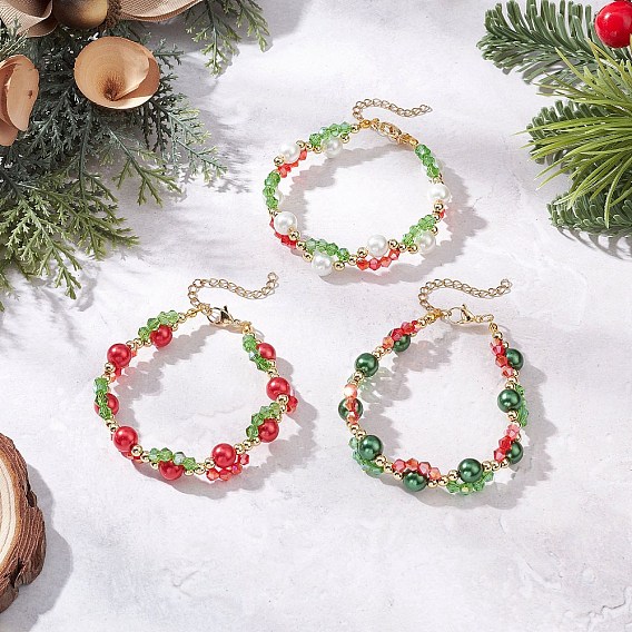 3 шт. 3 браслеты из круглых бусин из рождественского стекла и запекаемого перламутрового стекла для женщин