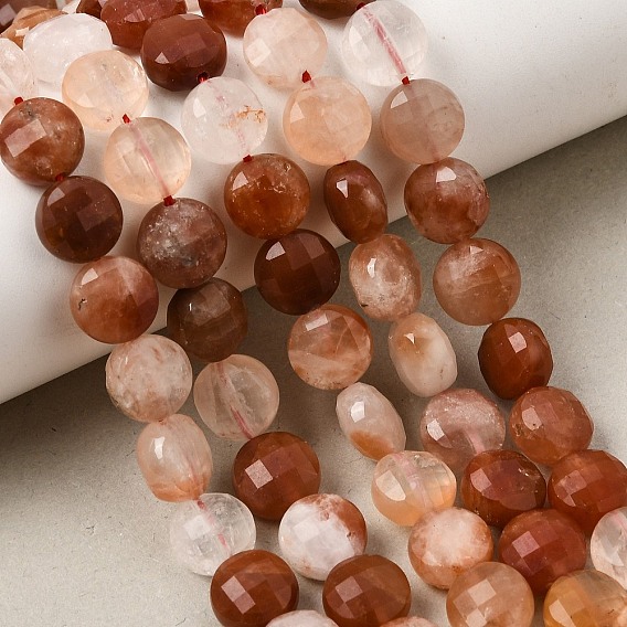 Natural Red Rabbit Hair Rutilated Quartz Beads Strands, Faceted Flat Round
