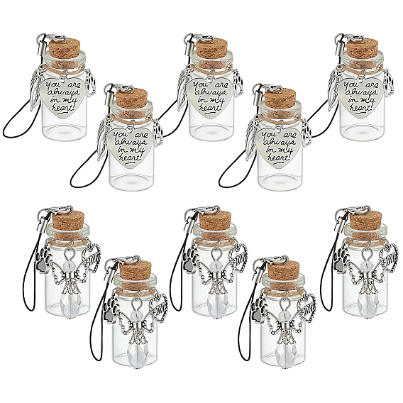 10Pcs 2 Styles Transparent Glass Empty Bottles, with Alloy Pendants