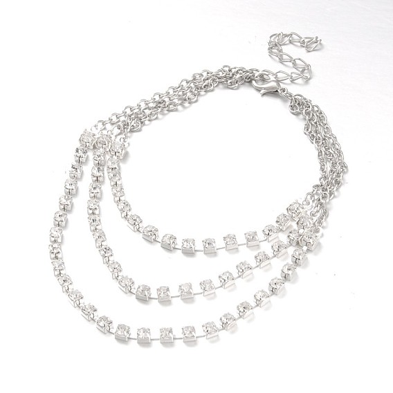 Латунь горный хрусталь трехуровневую браслеты, с цинкового сплава омаров коготь застежками и железными цепями, 225x4 мм