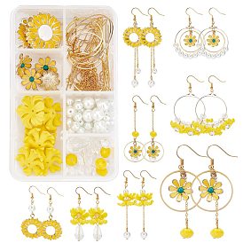 Sunnyclue 198 kits de fabrication de boucles d'oreilles de style fleur jaune bricolage, y compris les pendentifs en alliage de fleurs, Des billes de verre, Accessoires en laiton, anneau de saut de fer et épingles