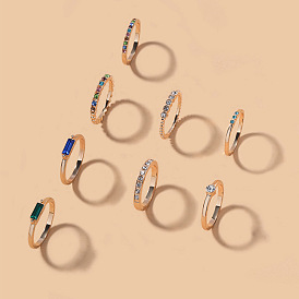 8Pcs 8 Style Rhinestone Rectangle & Diamond Finger Rings Set, Golden Alloy Jewelry for Women