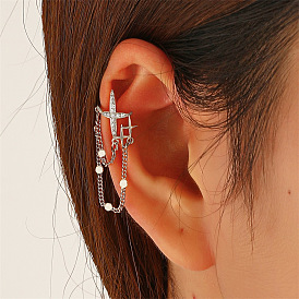 Minimalist Star Tassel Ear Clip with Rhinestones and Cross Chain, Non-Pierced Earring Jewelry