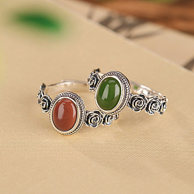 Овальные кольца на палец из натуральных драгоценных камней, роза 925 регулируемые кольца из стерлингового серебра, античное серебро