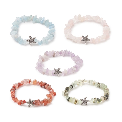Natural Mixed Gemstone Chips & Alloy Starfish Beaded Stretch Bracelet for Women