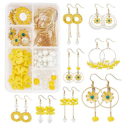 198Pcs DIY Yellow Flower Style Earring Making Kits, Including Flower Alloy Pendants, Glass Beads, Brass Findings, Iron Jump Ring & Pins